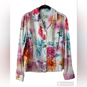 Coldwater Creek Linen Blend Floral Print Unlined Jacket 12 Petite Multicolor